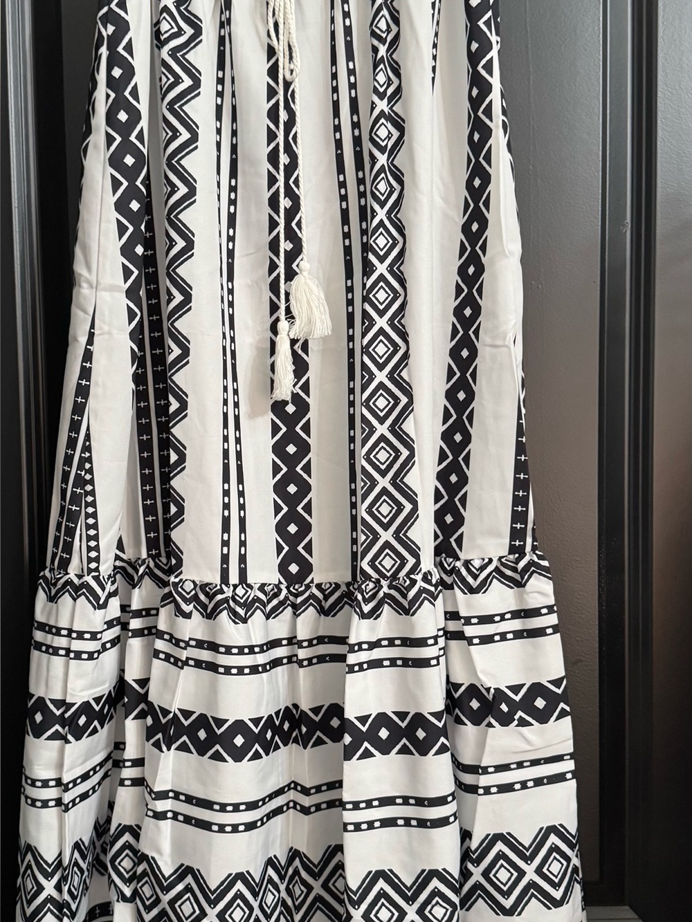 Boho Black & White Geometric Tribal Print Tiered Maxi Skirt